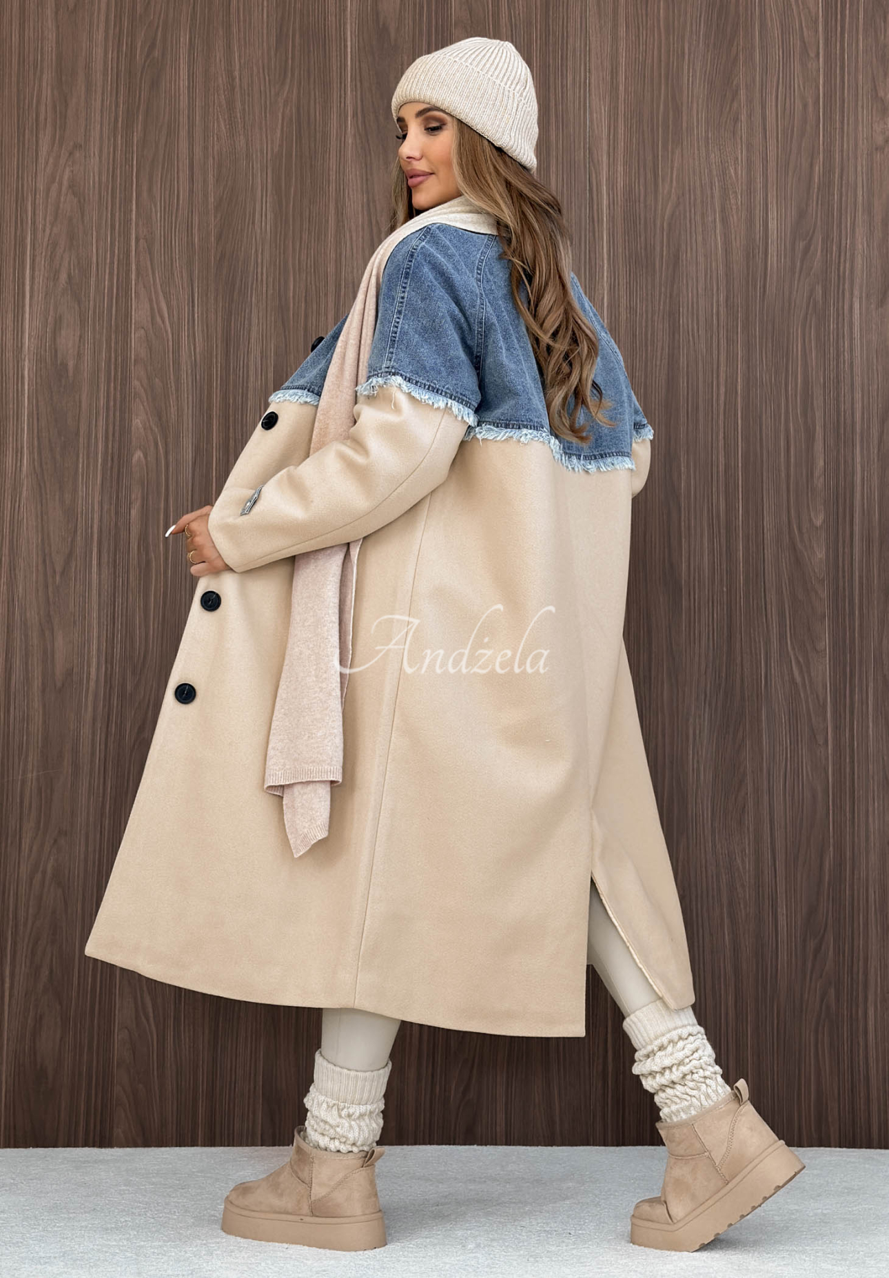 Park Avenue Long Coat with Denim Accents, Beige and Blue