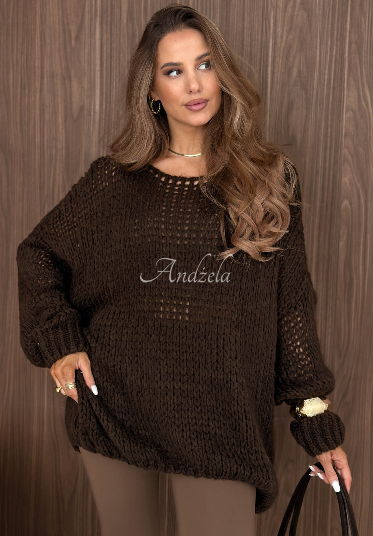 Miękki sweter oversize z wełną i wiskozą Sugar Babe czekoladowy