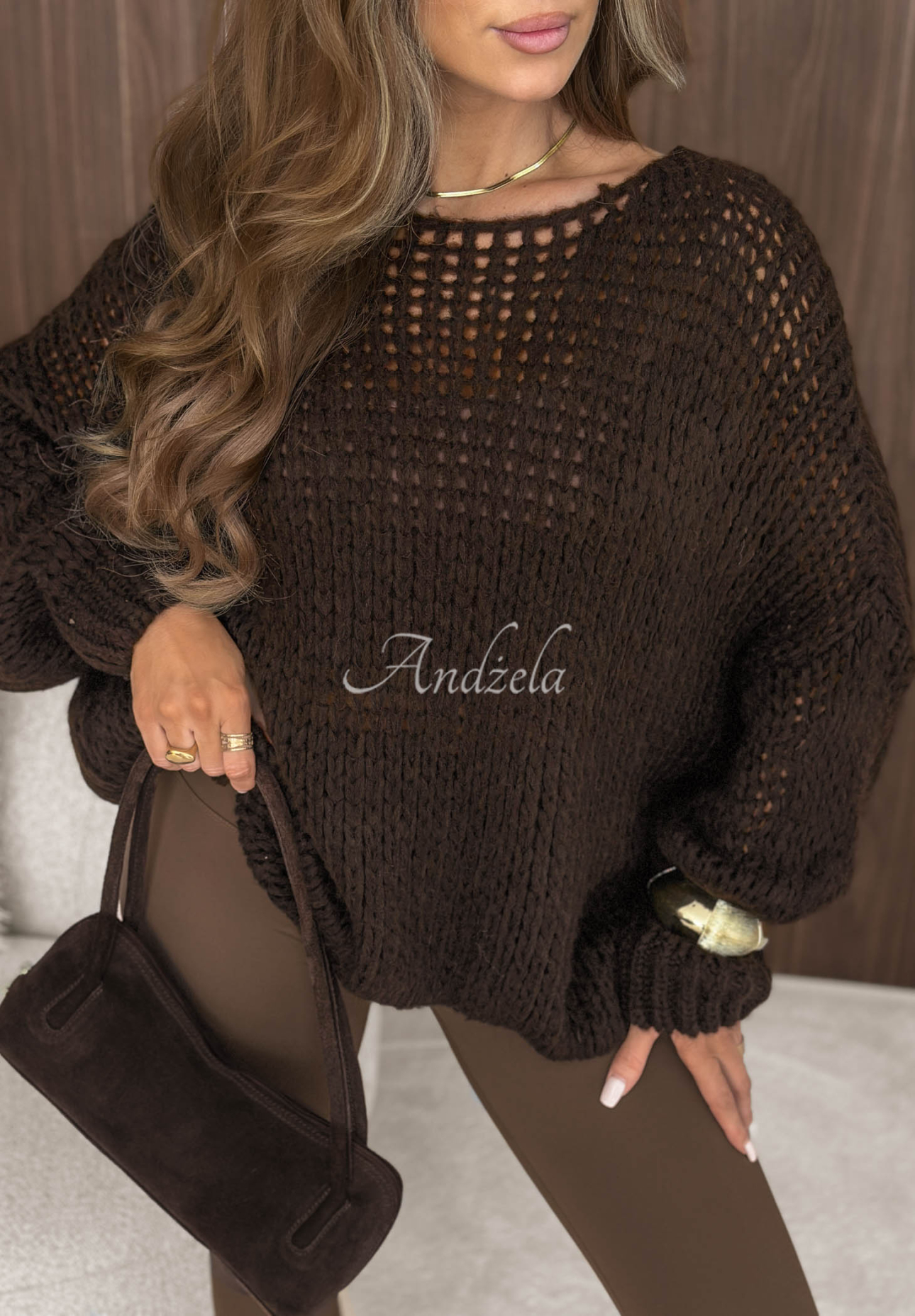Miękki sweter oversize z wełną i wiskozą Sugar Babe czekoladowy