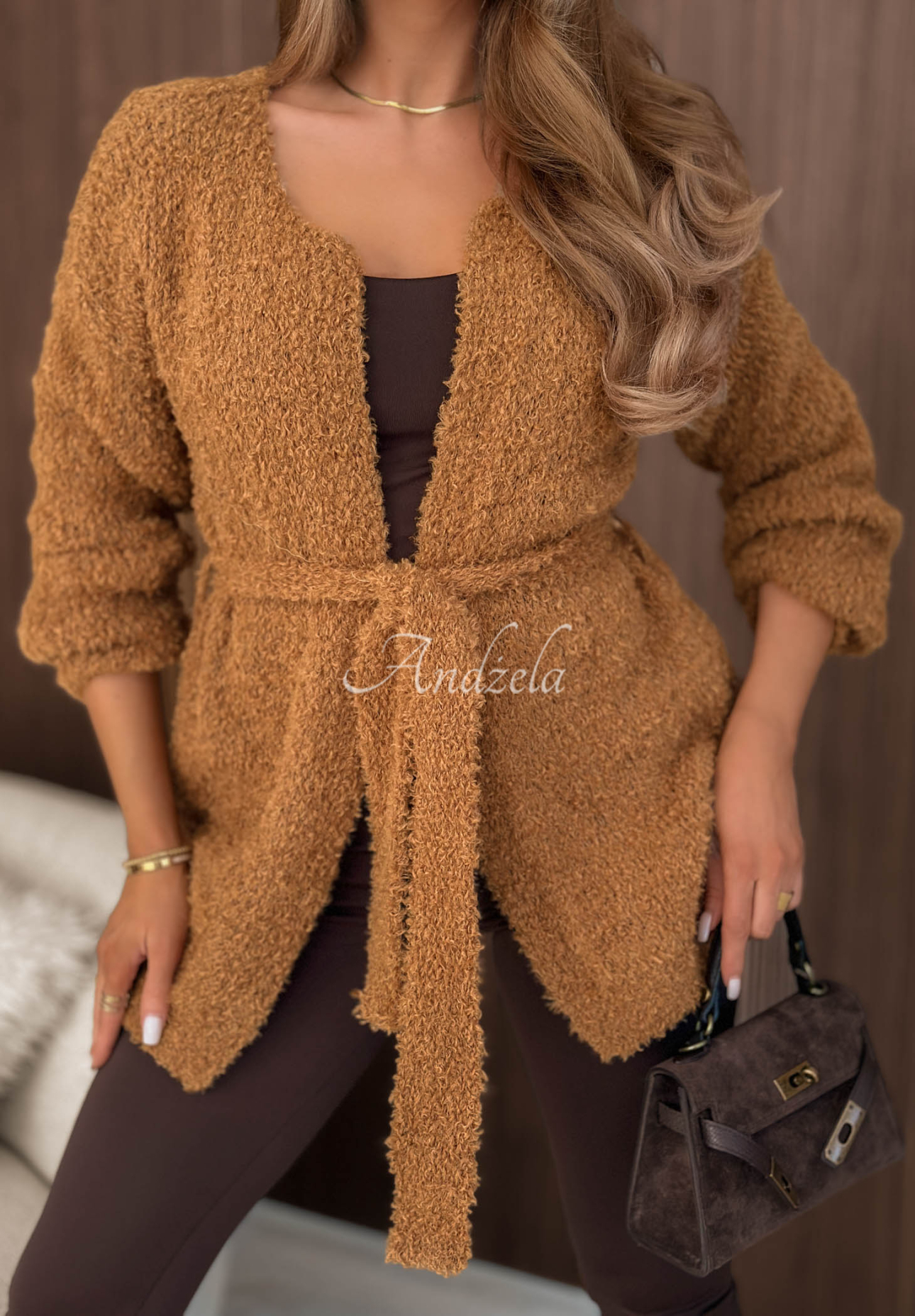 Soft Whimsy Camel-Colored Knotted Cardigan with Wool and Mohair
