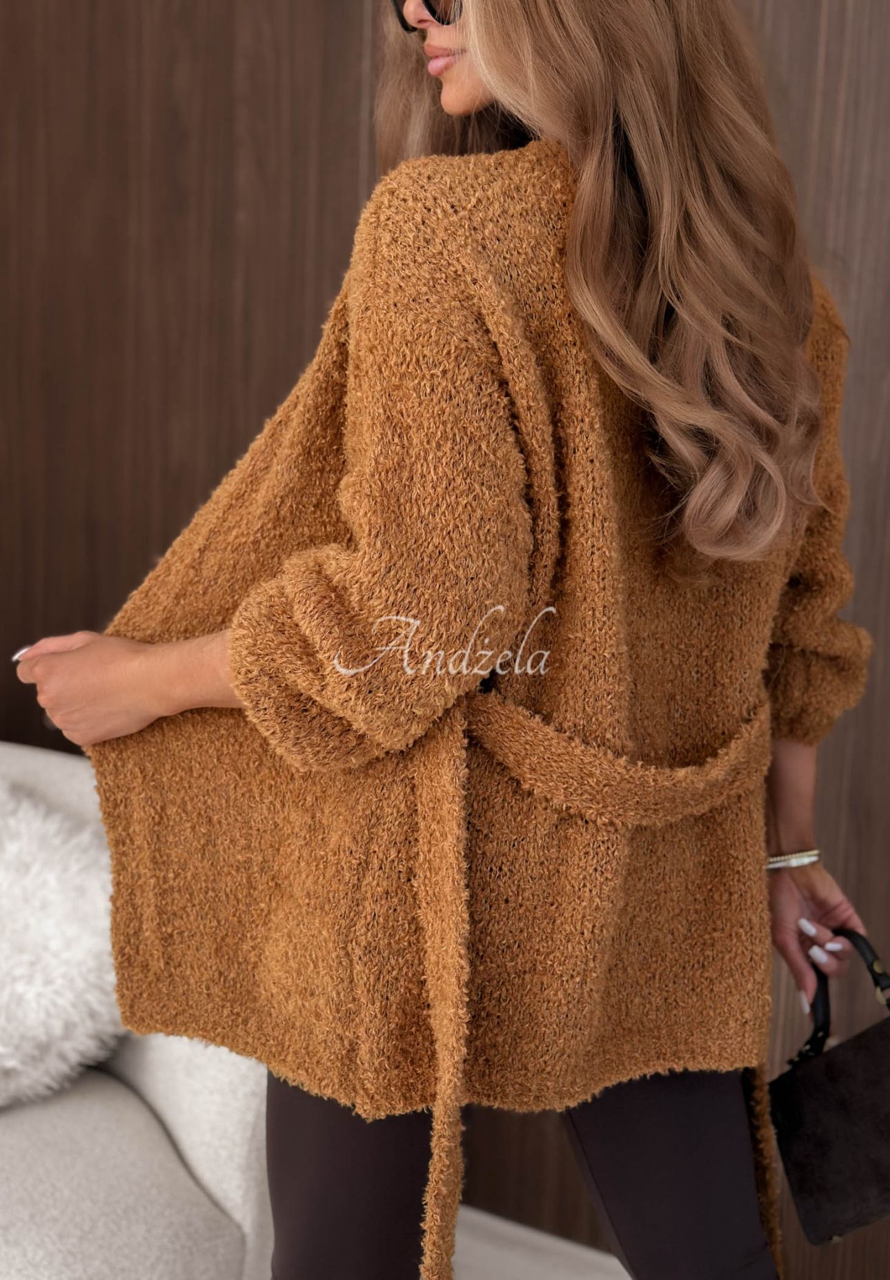 Soft Whimsy Camel-Colored Knotted Cardigan with Wool and Mohair