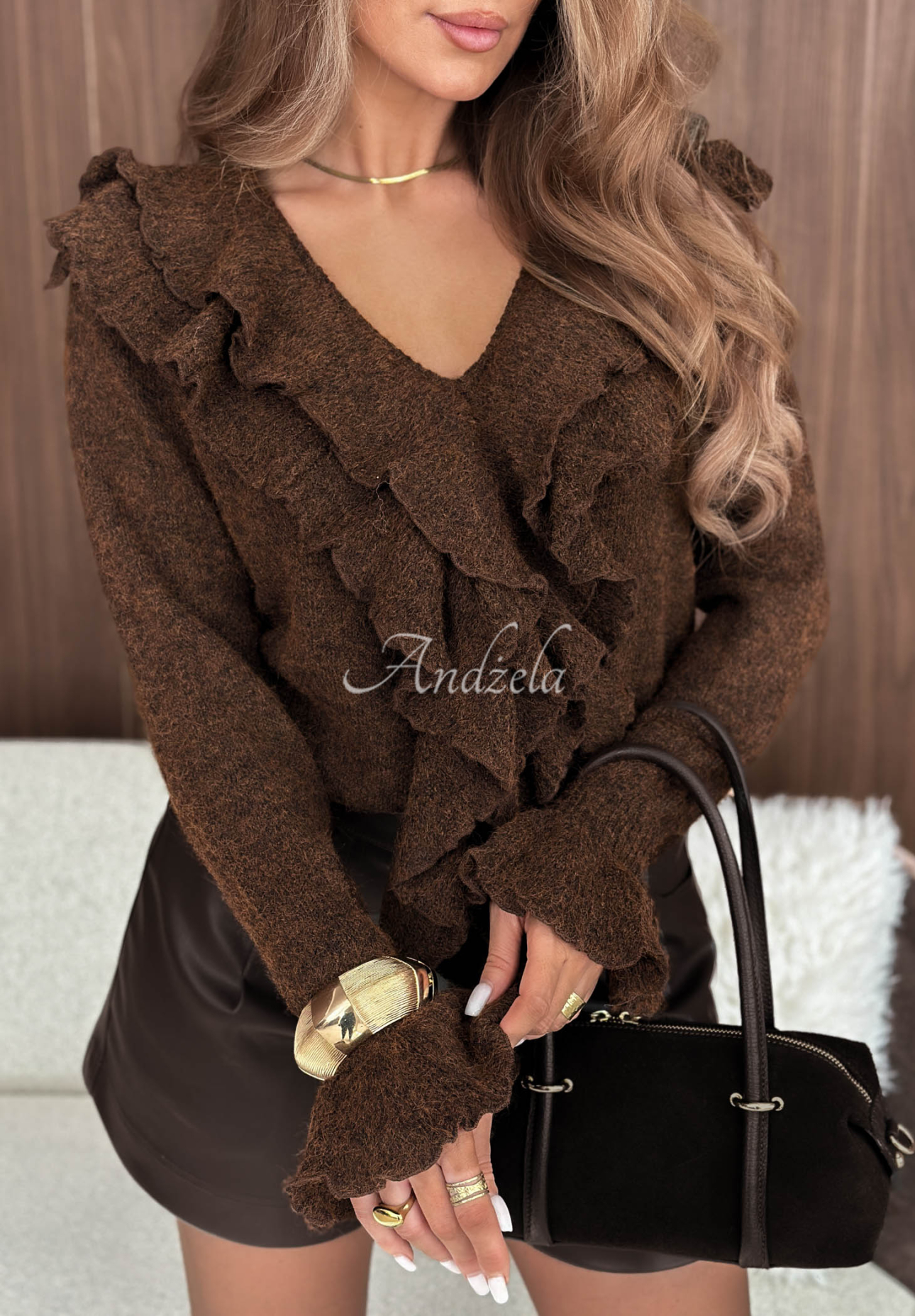 Chocolate-colored Live Softly Wool Sweater with Ruffles