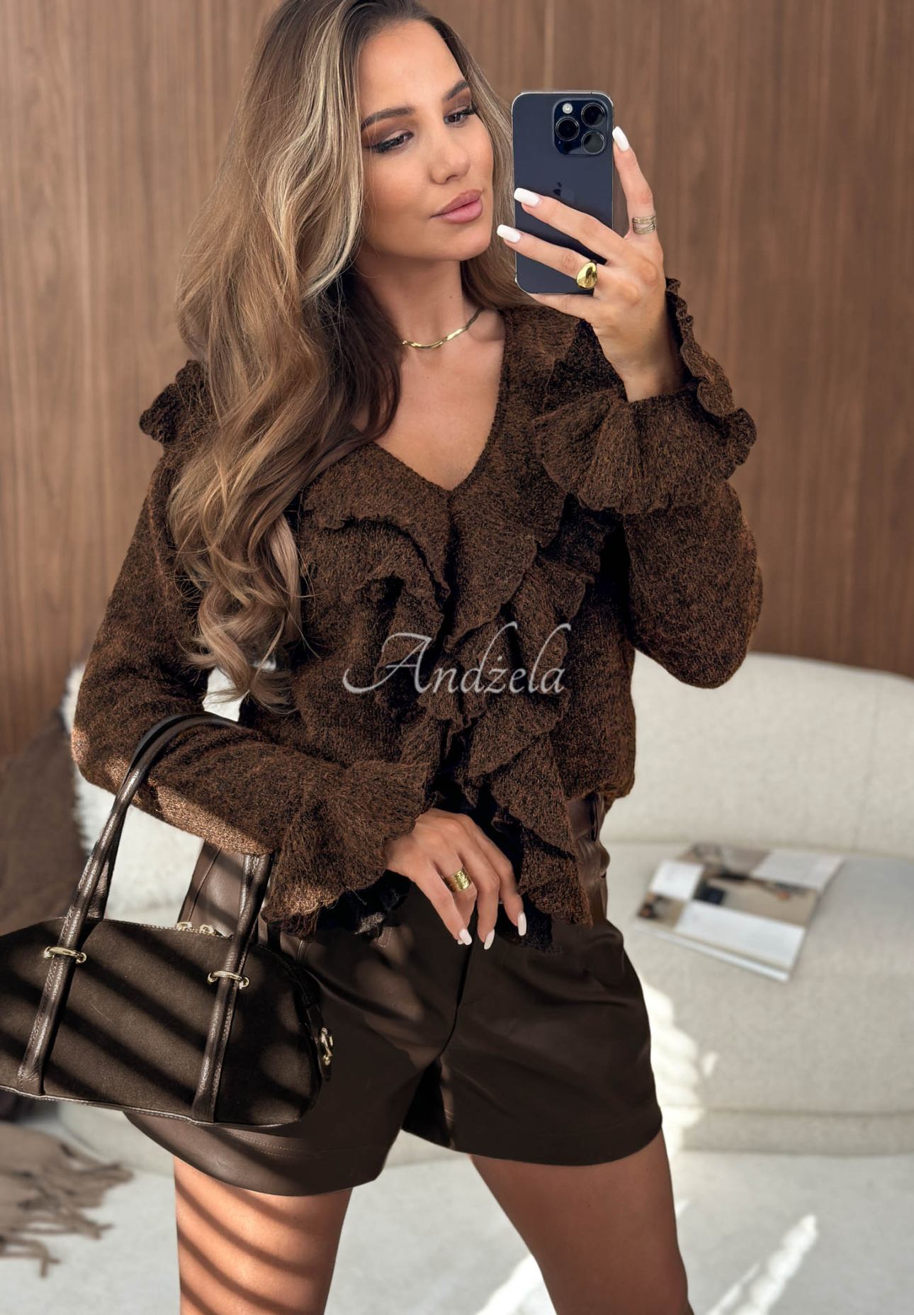 Chocolate-colored Live Softly Wool Sweater with Ruffles