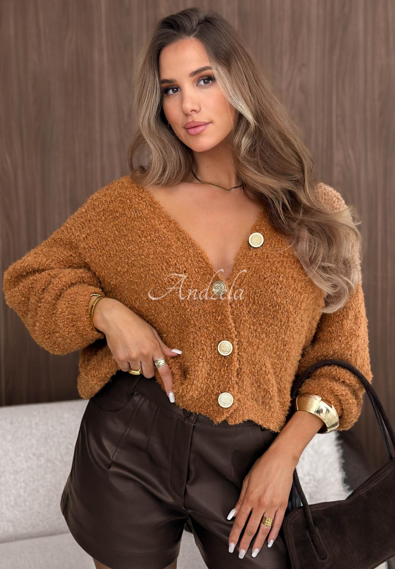 Rainy Caramel Short Cardigan with Wool and Mohair in Camel
