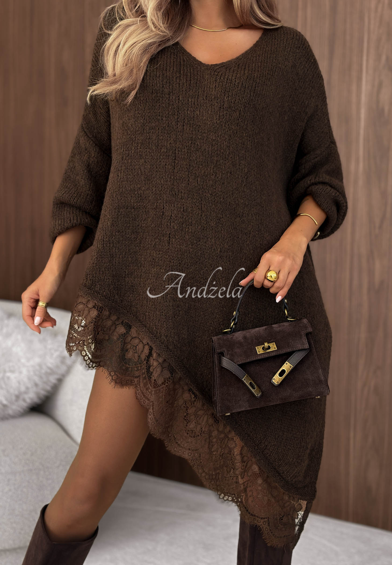 Sweet Seduction Asymmetrical Sweater with Lace, Wool and Viscose, Chocolate Brown