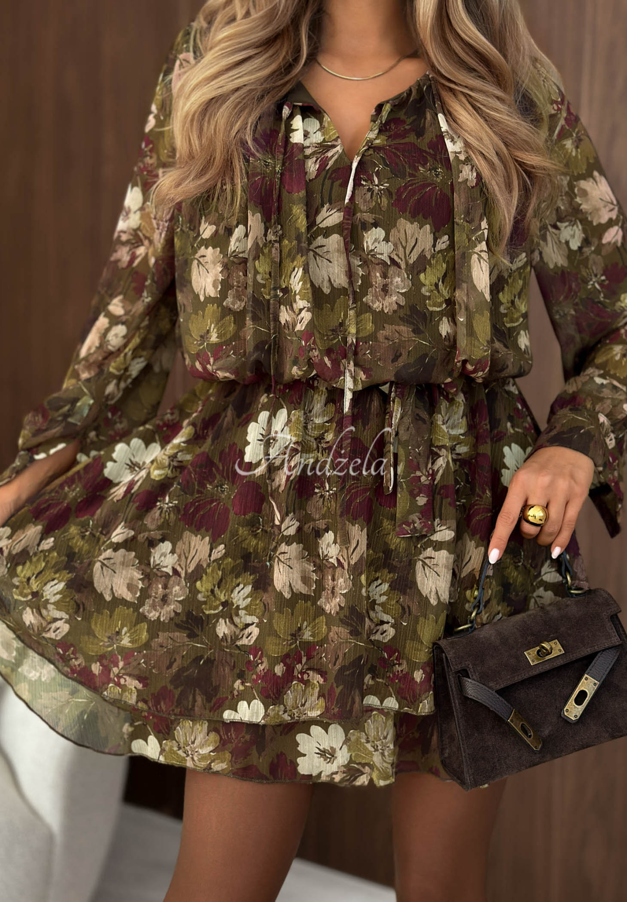 Fall Bouquet khaki floral mini dress with a belt