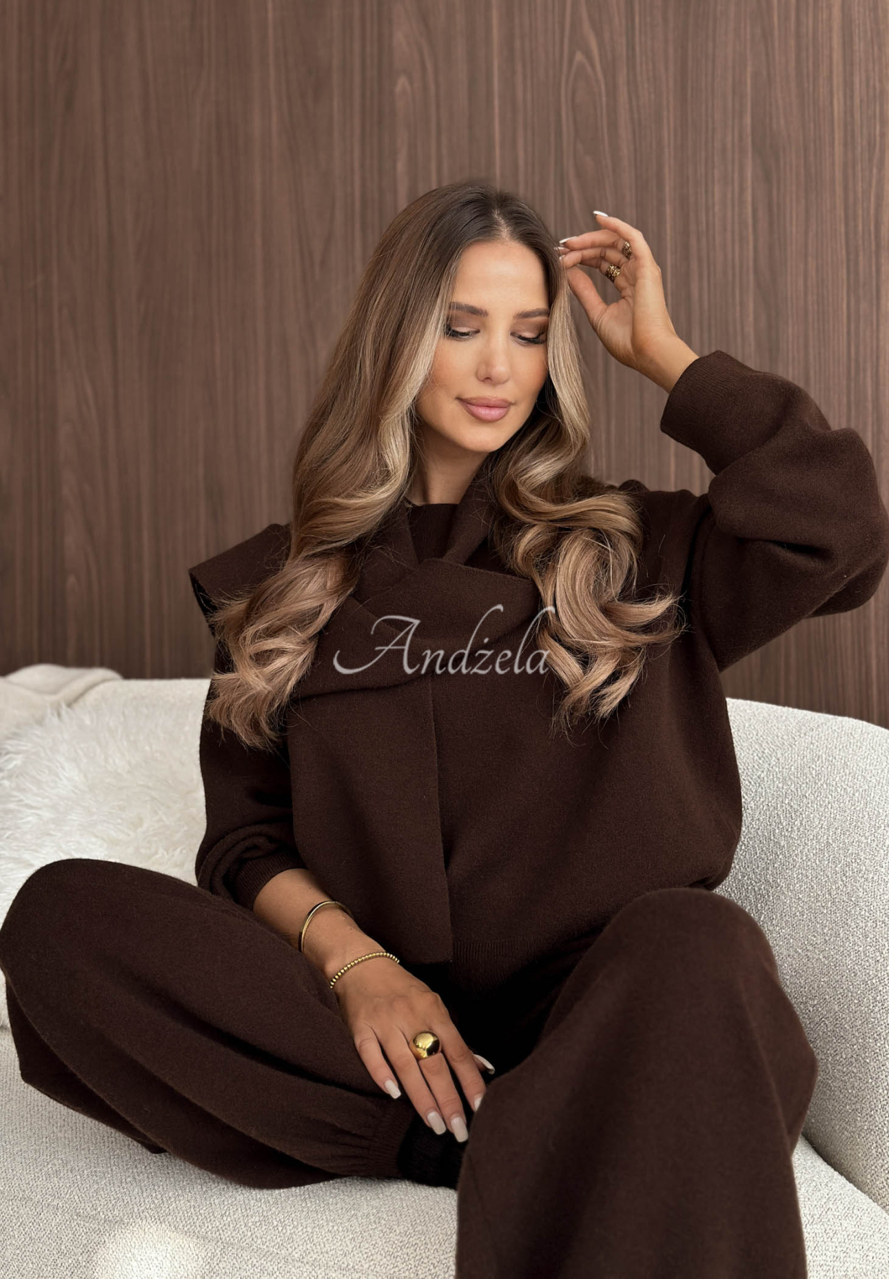 Style Darling Chocolate-Colored Knit Set with Scarf (Viscose)