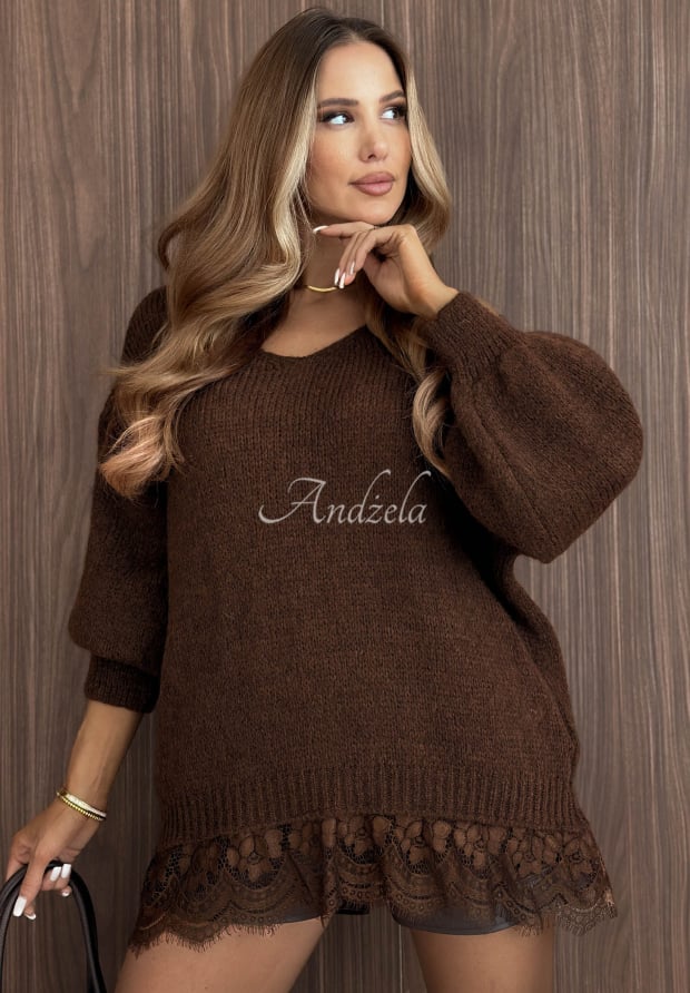 Sweter oversize z koronką z wełną i wiskozą Dusky Clouds czekoladowy