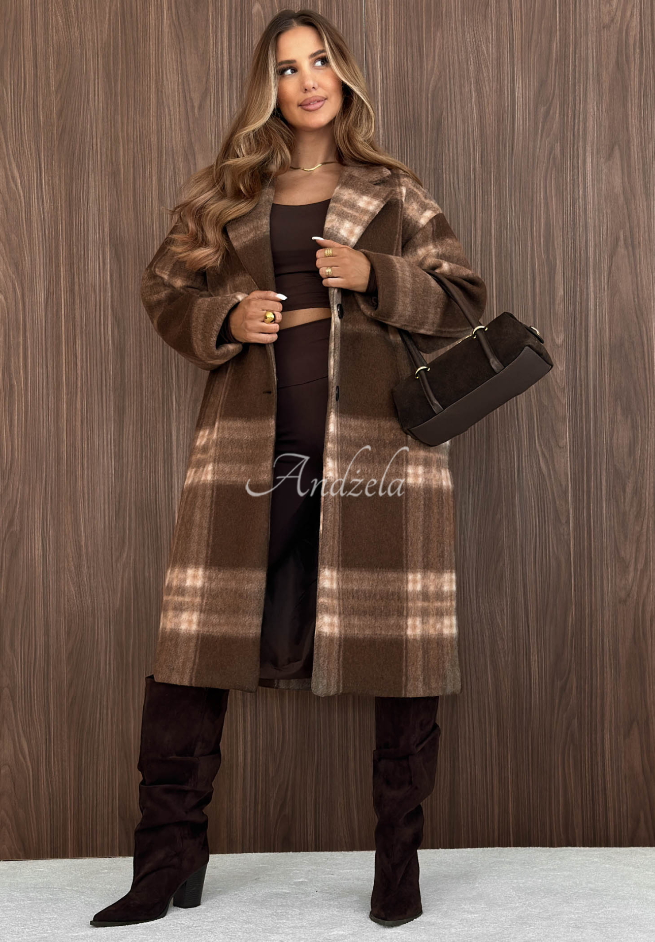 Autumn Hug Long Coat with Checkered Collar in Chocolate Brown