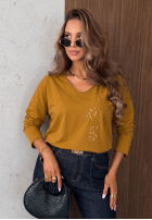 Bluzka longsleeve z dekoltem i cekinami Last Sunrays camelowa