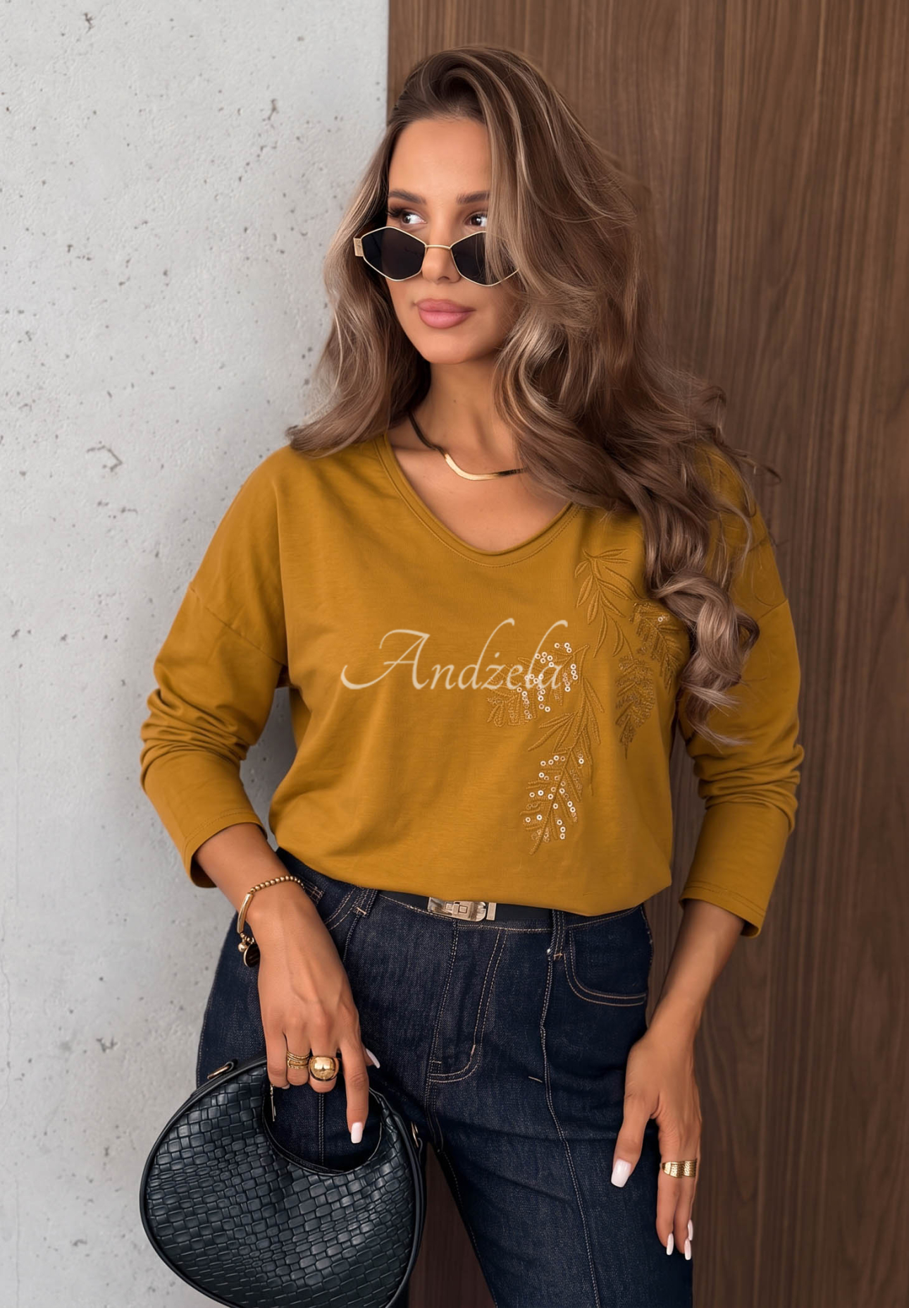 Last Sunrays Mustard Long-Sleeve Blouse with Neckline and Sequins