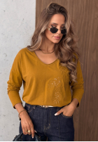 Bluzka longsleeve z dekoltem i cekinami Last Sunrays camelowa