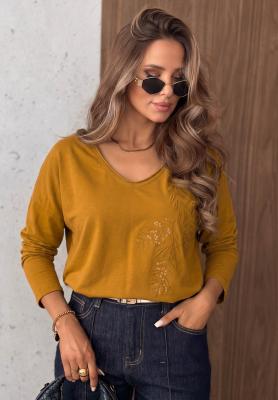Bluzka longsleeve z dekoltem i cekinami Last Sunrays musztardowa