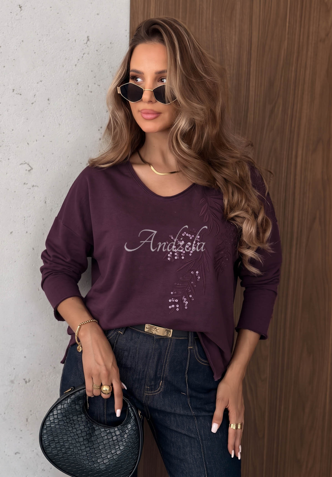 Bluzka longsleeve z dekoltem i cekinami Last Sunrays jagodowa