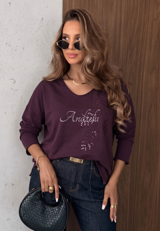 Last Sunrays Long-Sleeve Blouse with Neckline and Sequins, Berry