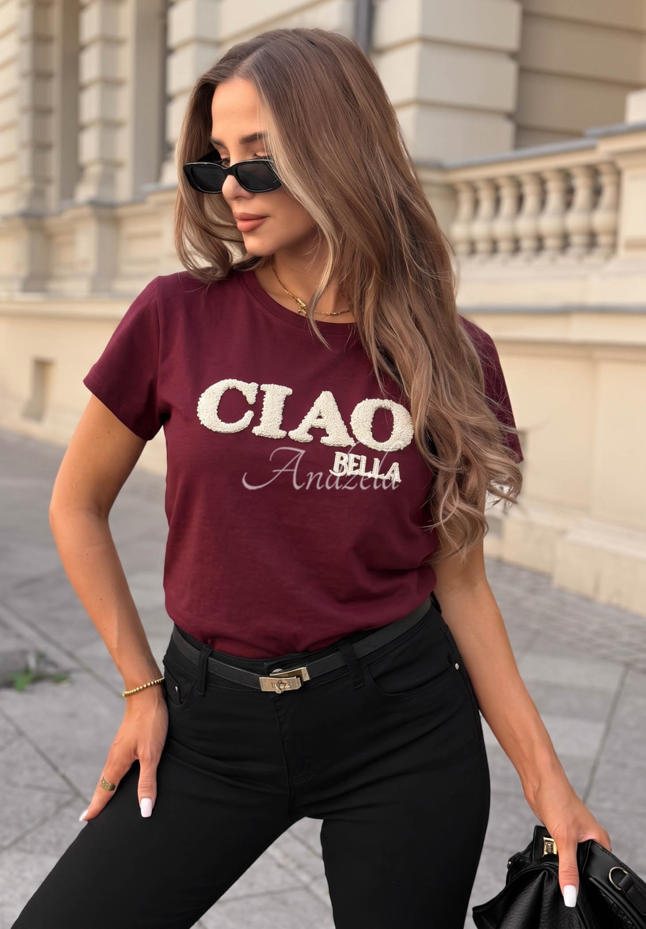 Burgundy cotton T-shirt with "Ciao Bella" print