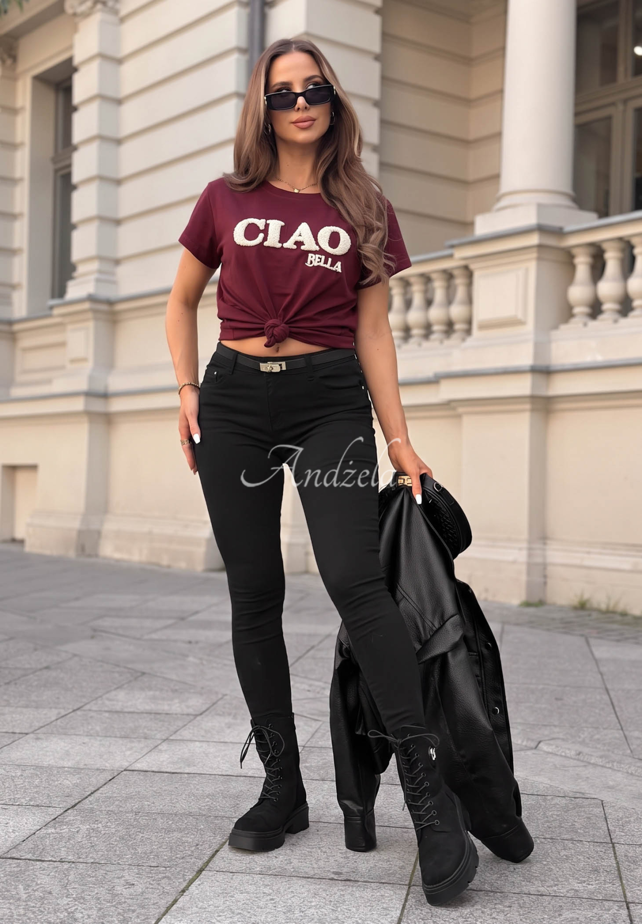 Burgundy cotton T-shirt with "Ciao Bella" print