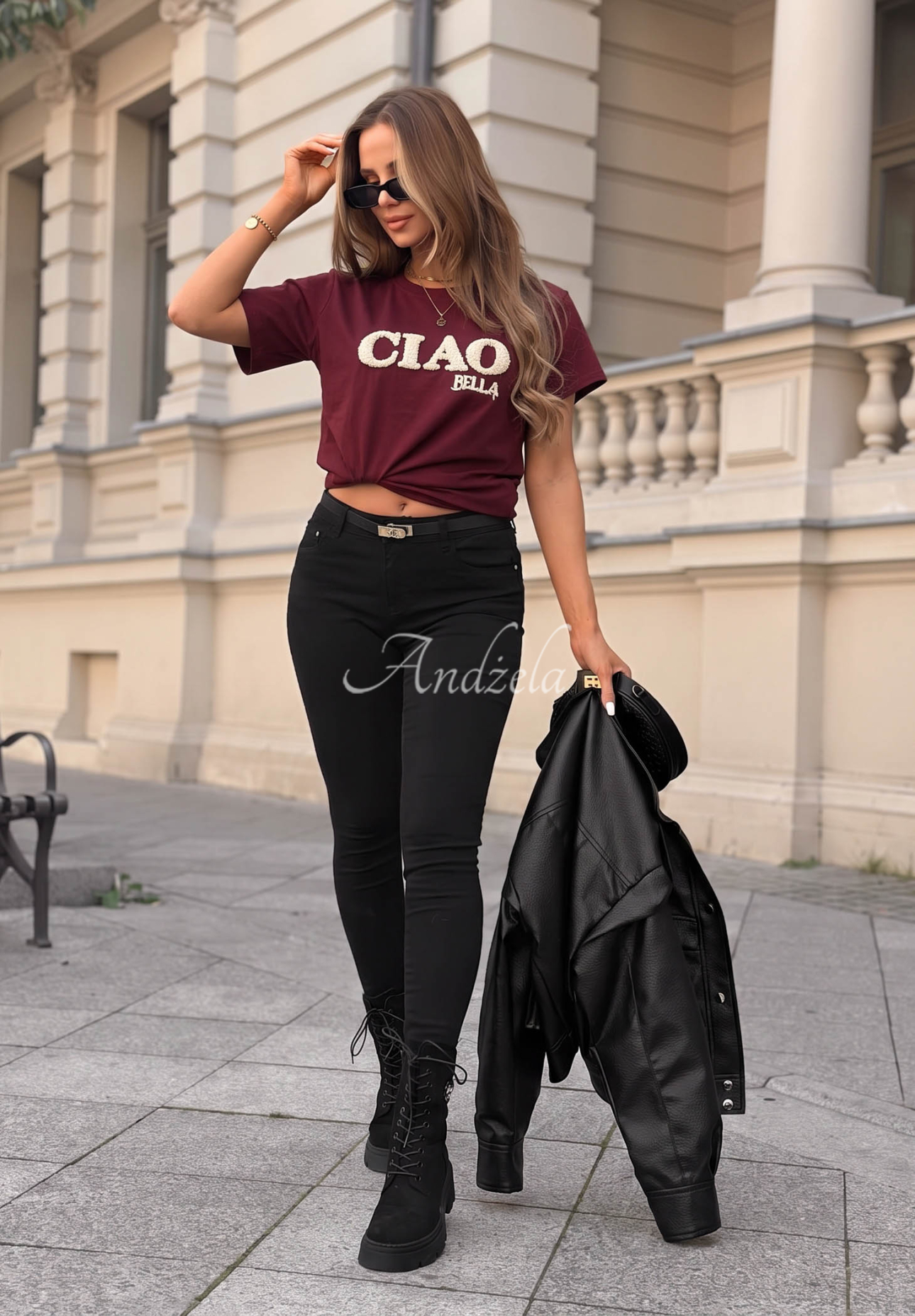 Burgundy cotton T-shirt with "Ciao Bella" print