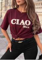T-shirt z napisem Ciao Bella burgundowy
