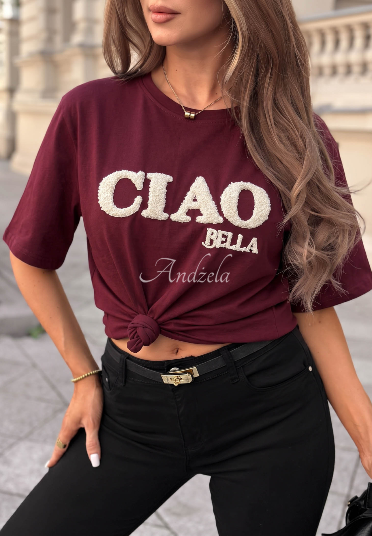 Burgundy cotton T-shirt with "Ciao Bella" print