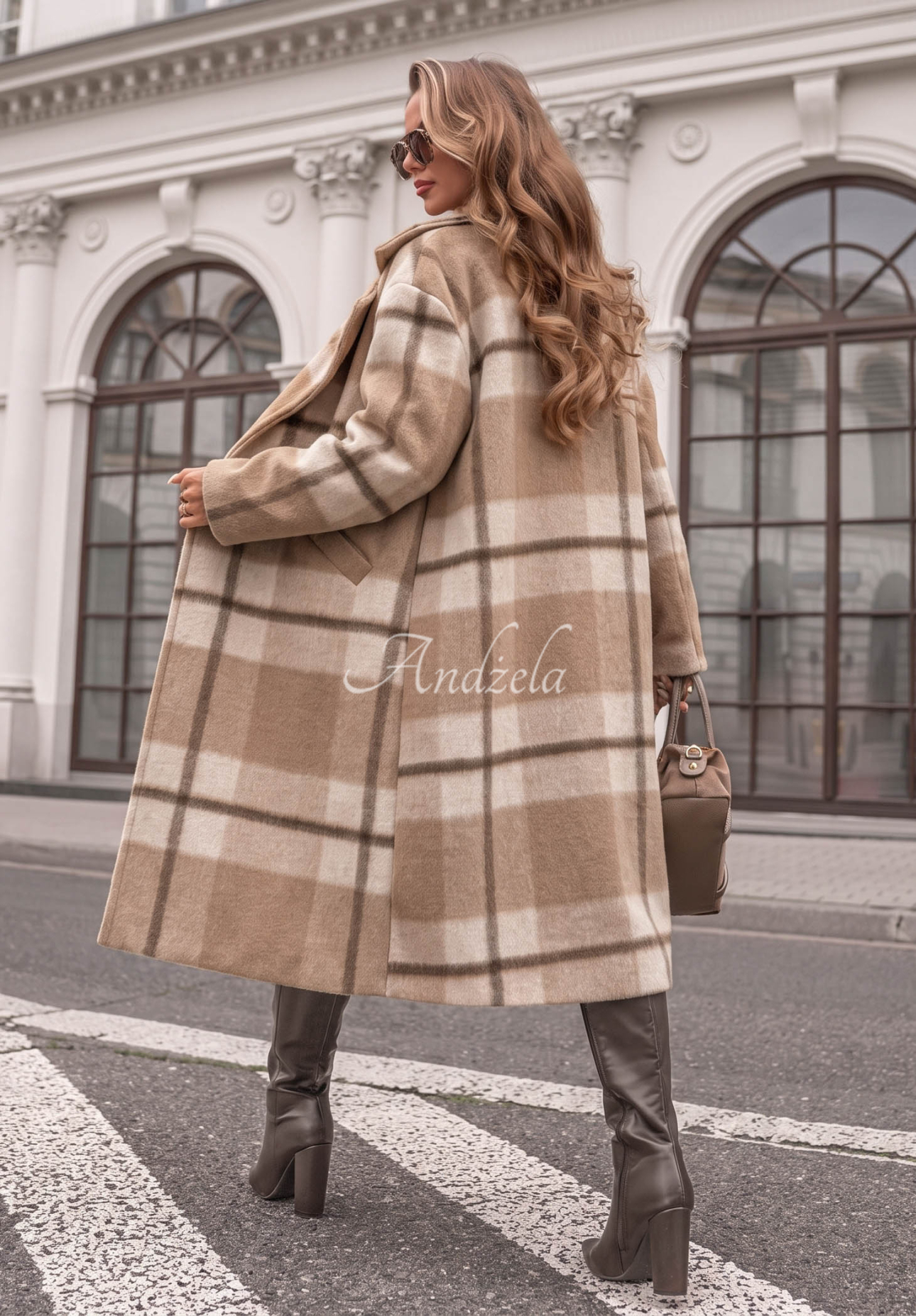 Long, oversized plaid coat with wool, "Cloudy Daydream," in camel