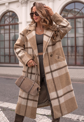 Long, oversized plaid coat with wool, "Cloudy Daydream," in camel