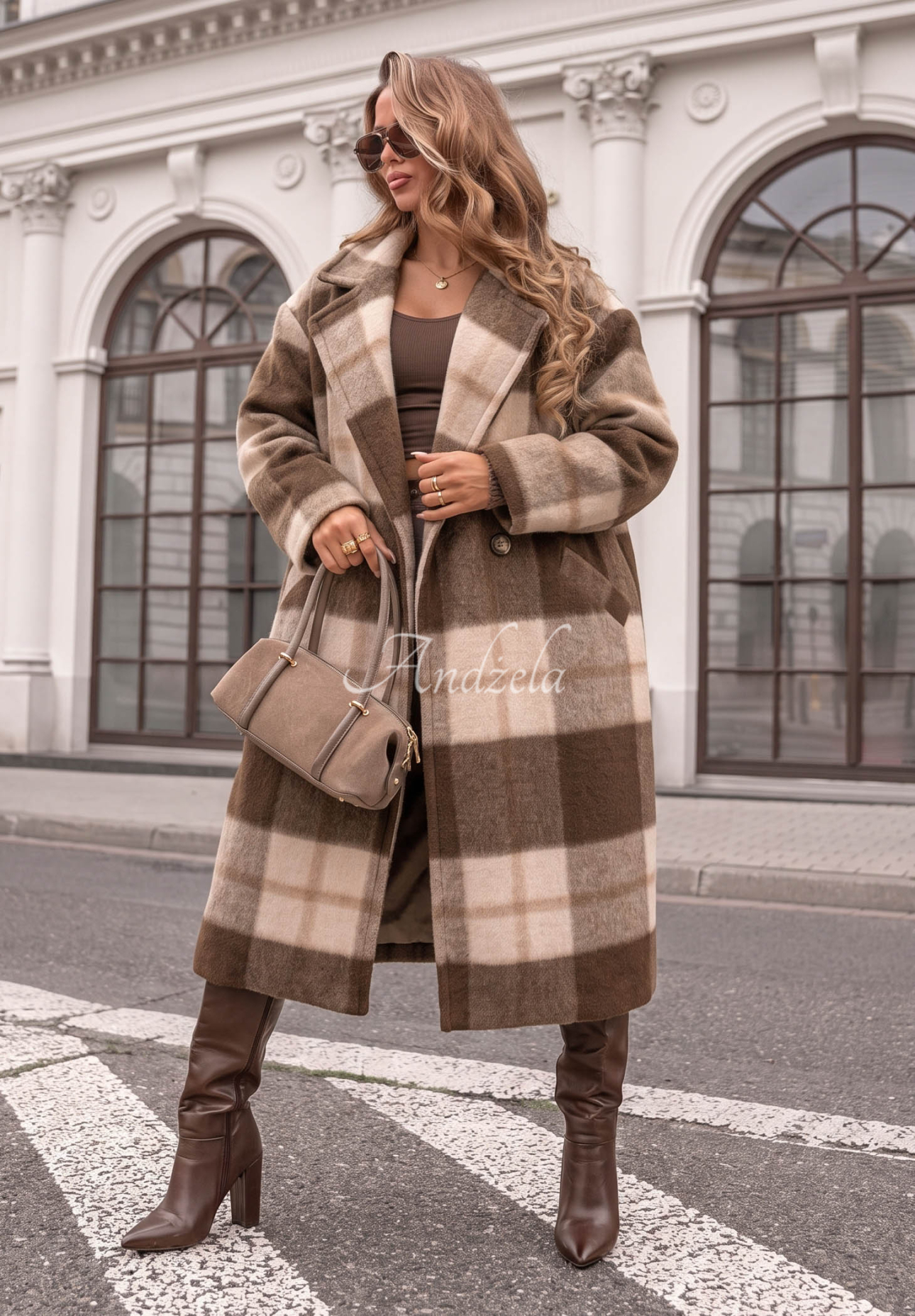 Long, oversized plaid coat with wool by Cloudy Daydream in chocolate brown