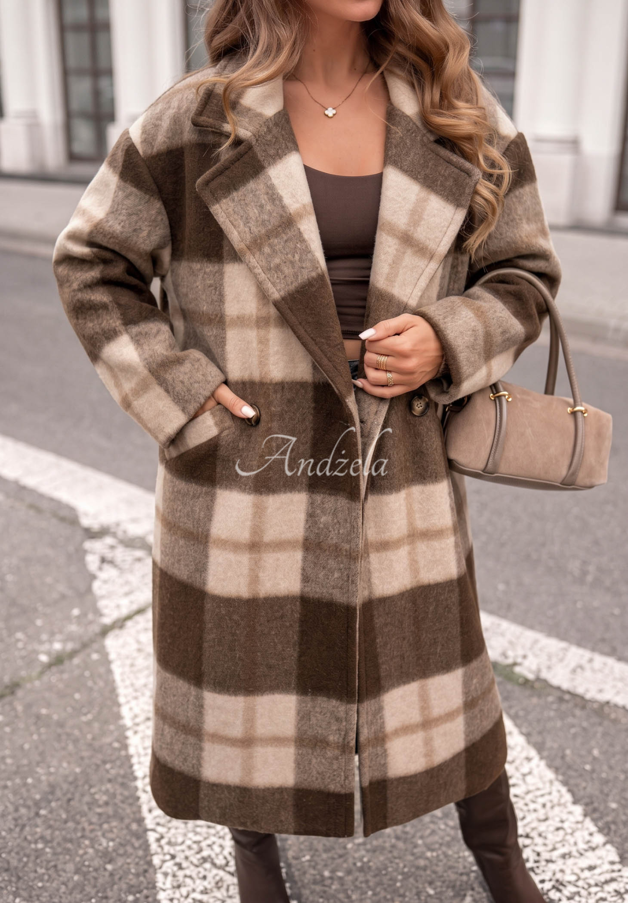 Long, oversized plaid coat with wool by Cloudy Daydream in chocolate brown