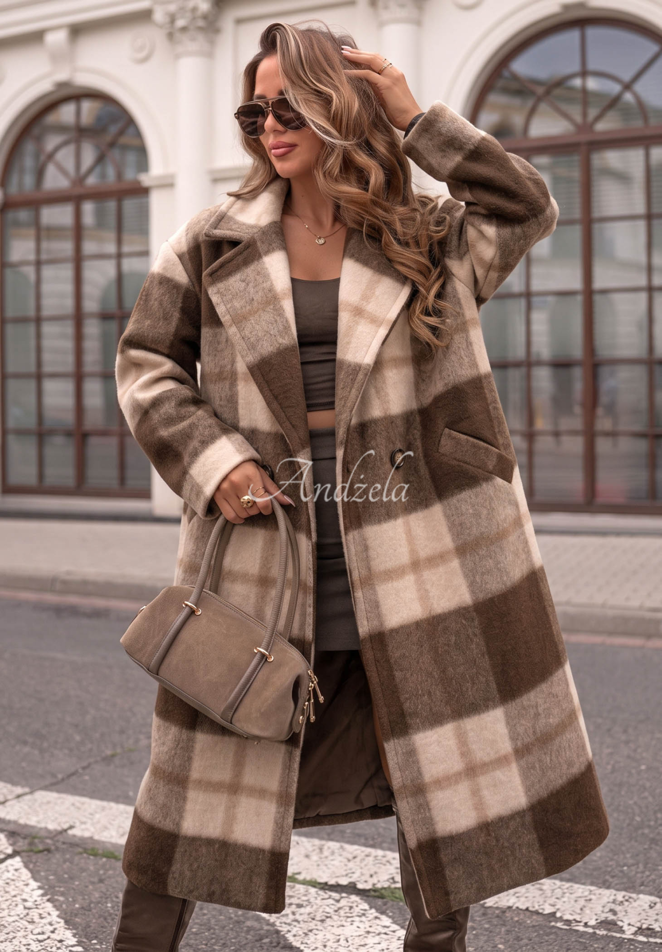 Long, oversized plaid coat with wool by Cloudy Daydream in chocolate brown