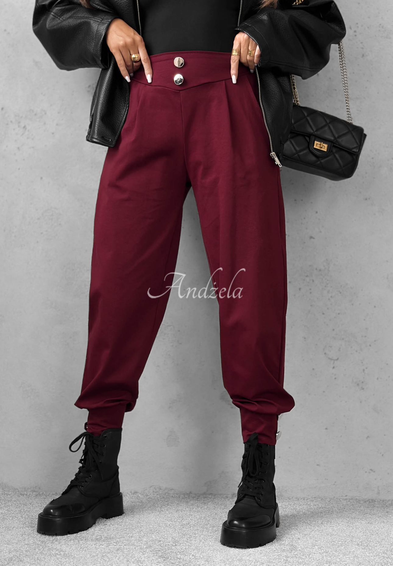Divine Charm Burgundy Viscose Jogger Pants with Buttons
