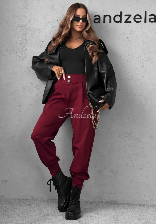Wiskozowe spodnie joggery z guzikami Divine Charm burgundowe