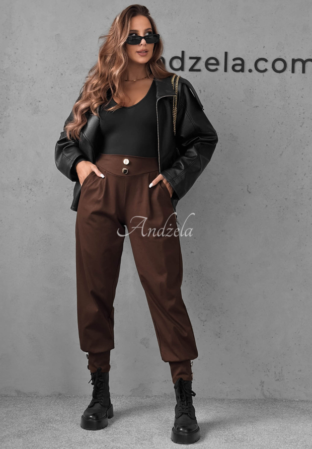 Divine Charm Chocolate-Colored Viscose Jogger Pants with Buttons