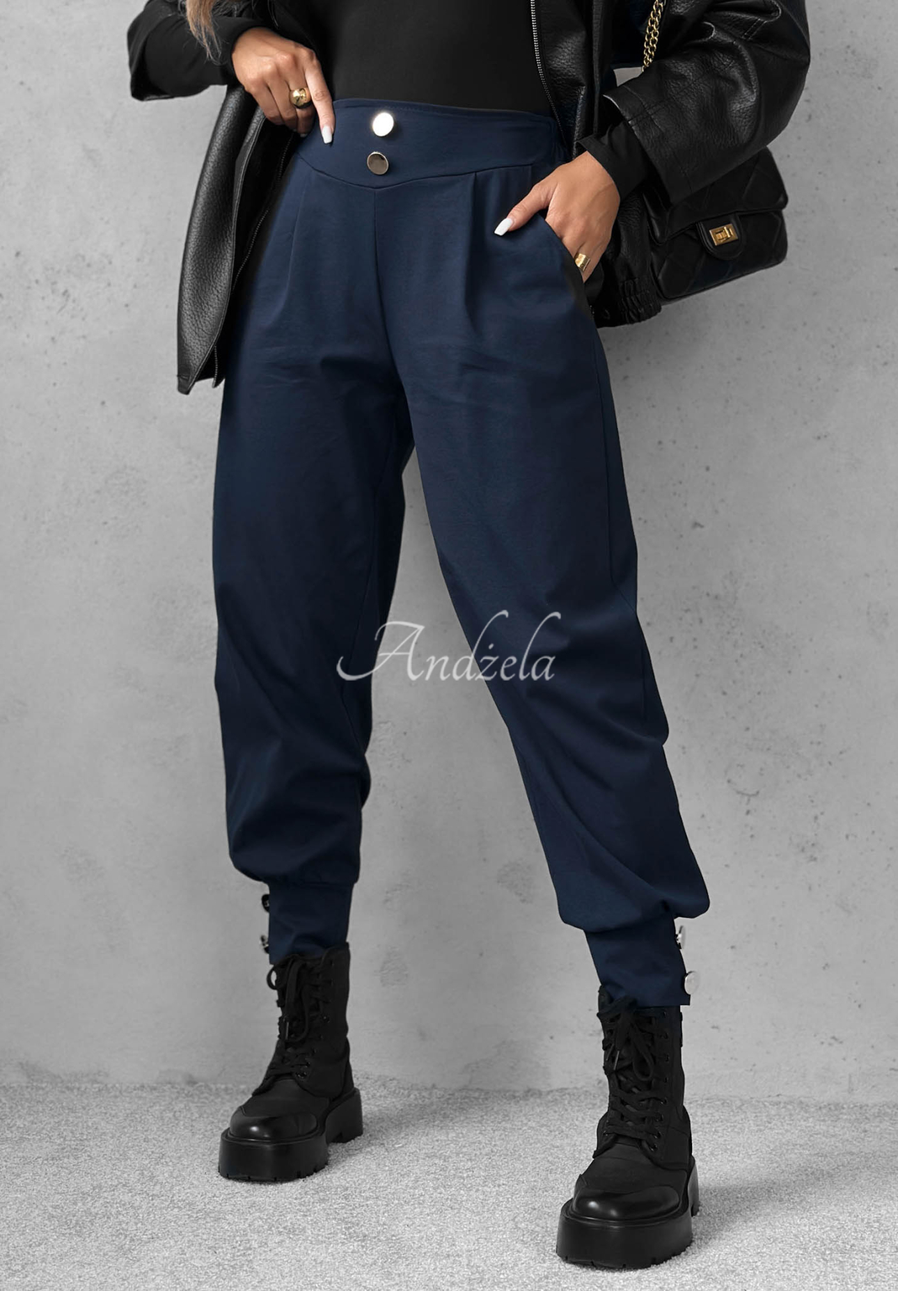 Divine Charm Navy Blue Viscose Jogger Pants with Buttons