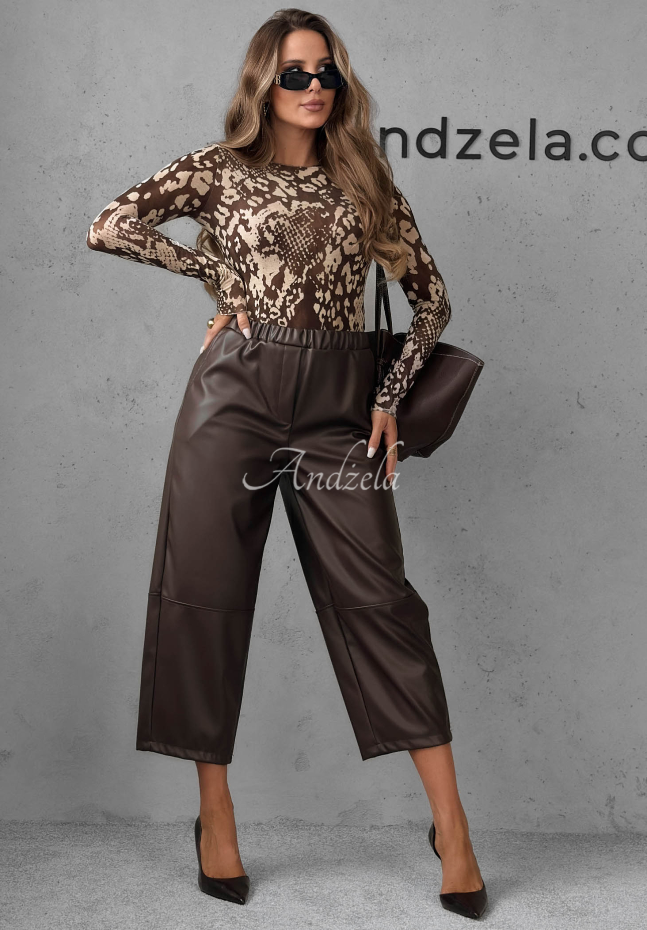 After Noon Chocolate-Colored Long-Sleeve Viscose Blouse with Leopard Print