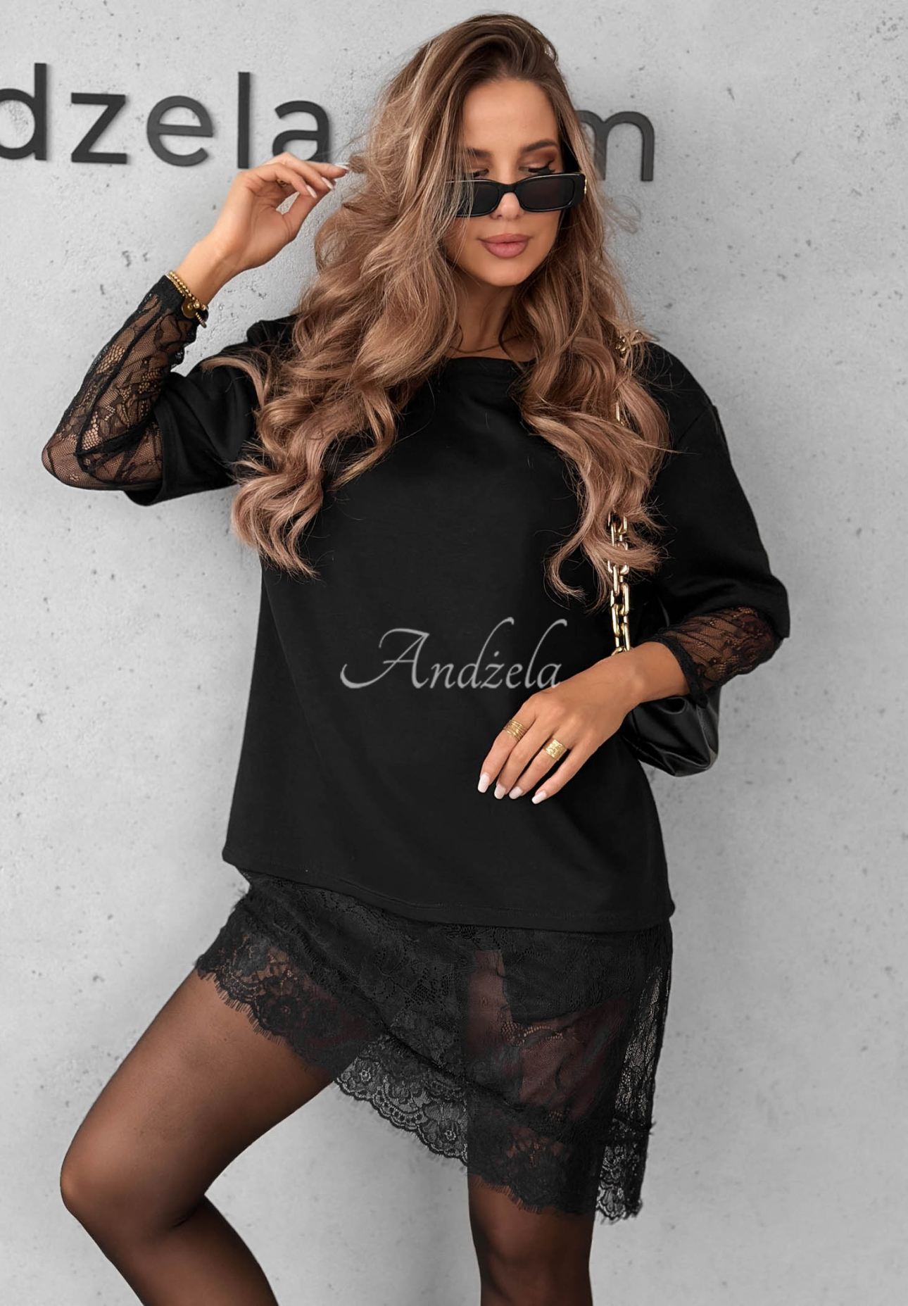 Last Call Black Tunic Blouse with Lace Inserts