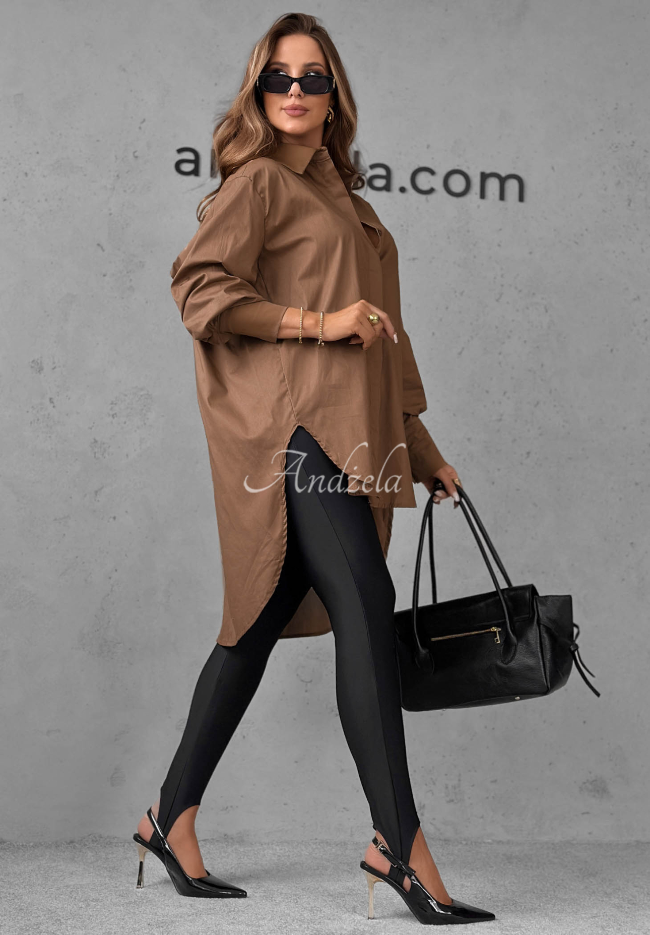 Asymetryczna bawełniana koszula z kołnierzem Soft Darling camelowa