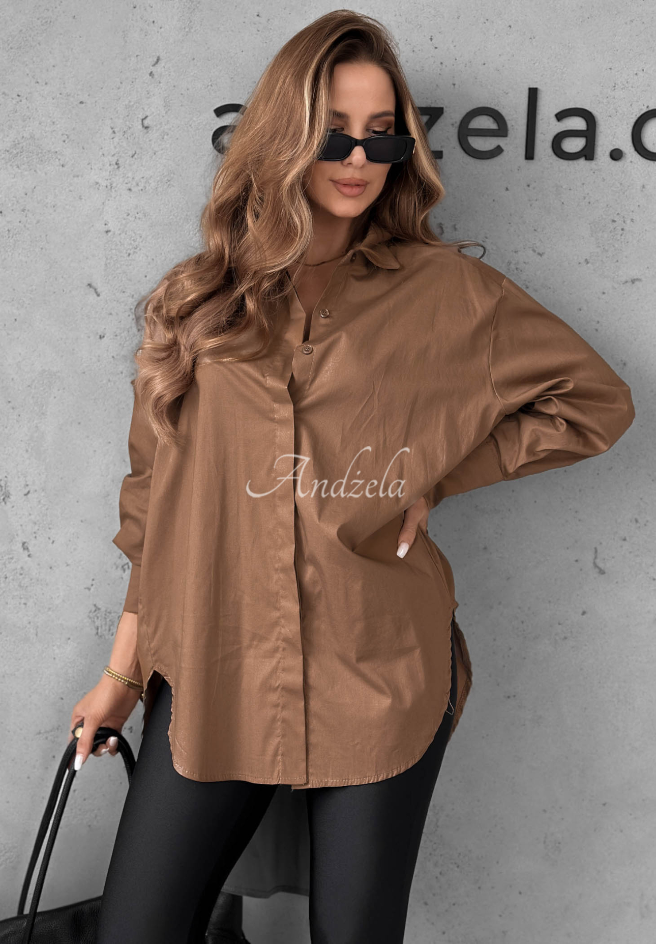 Soft Darling Asymmetrical Cotton Shirt with Collar in Camel