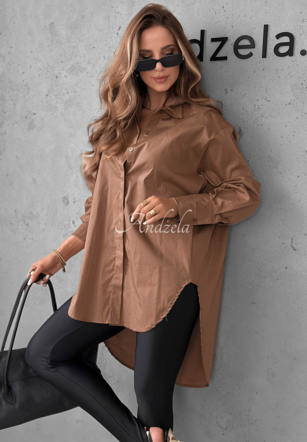 Soft Darling Asymmetrical Cotton Shirt with Collar in Camel