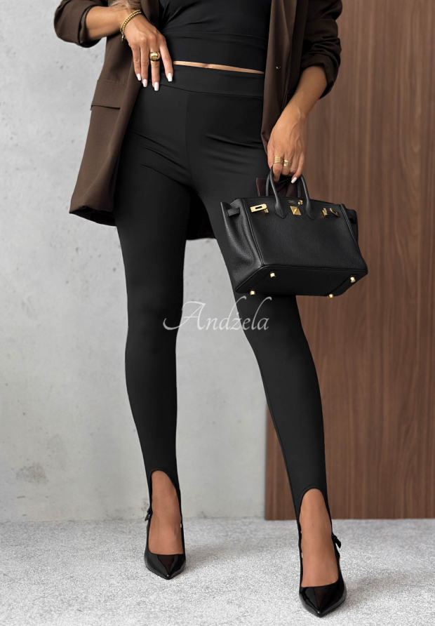 Fine Shape Black Smooth, Form-Fitting Leggings with Ankle Straps