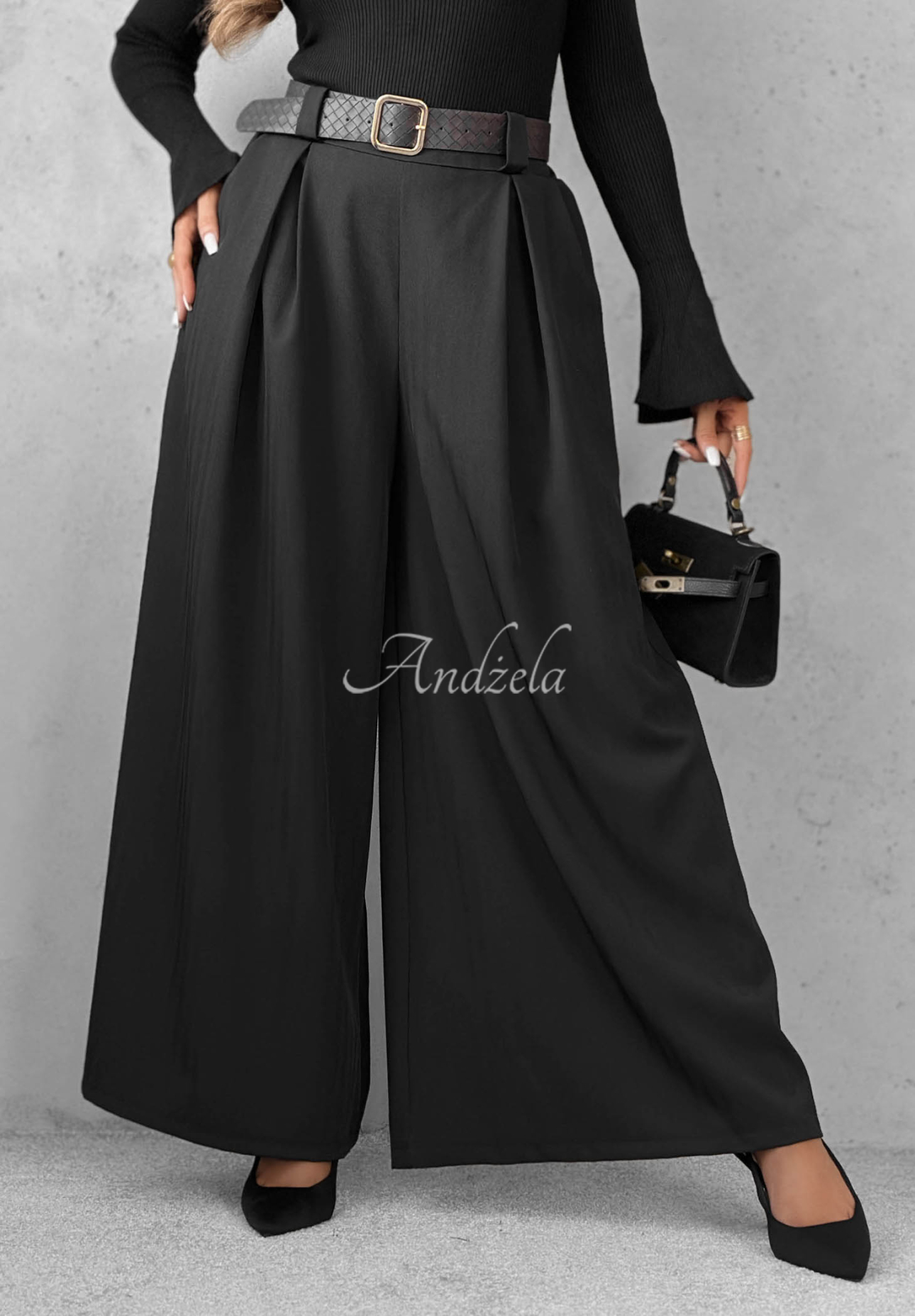 Materiałowe spodnie wide leg z paskiem Simple Elegance czarne