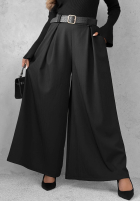 Materiałowe spodnie wide leg z paskiem Simple Elegance czarne