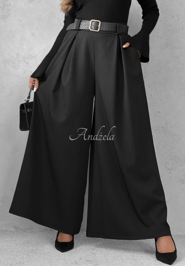 Materiałowe spodnie wide leg z paskiem Simple Elegance czarne