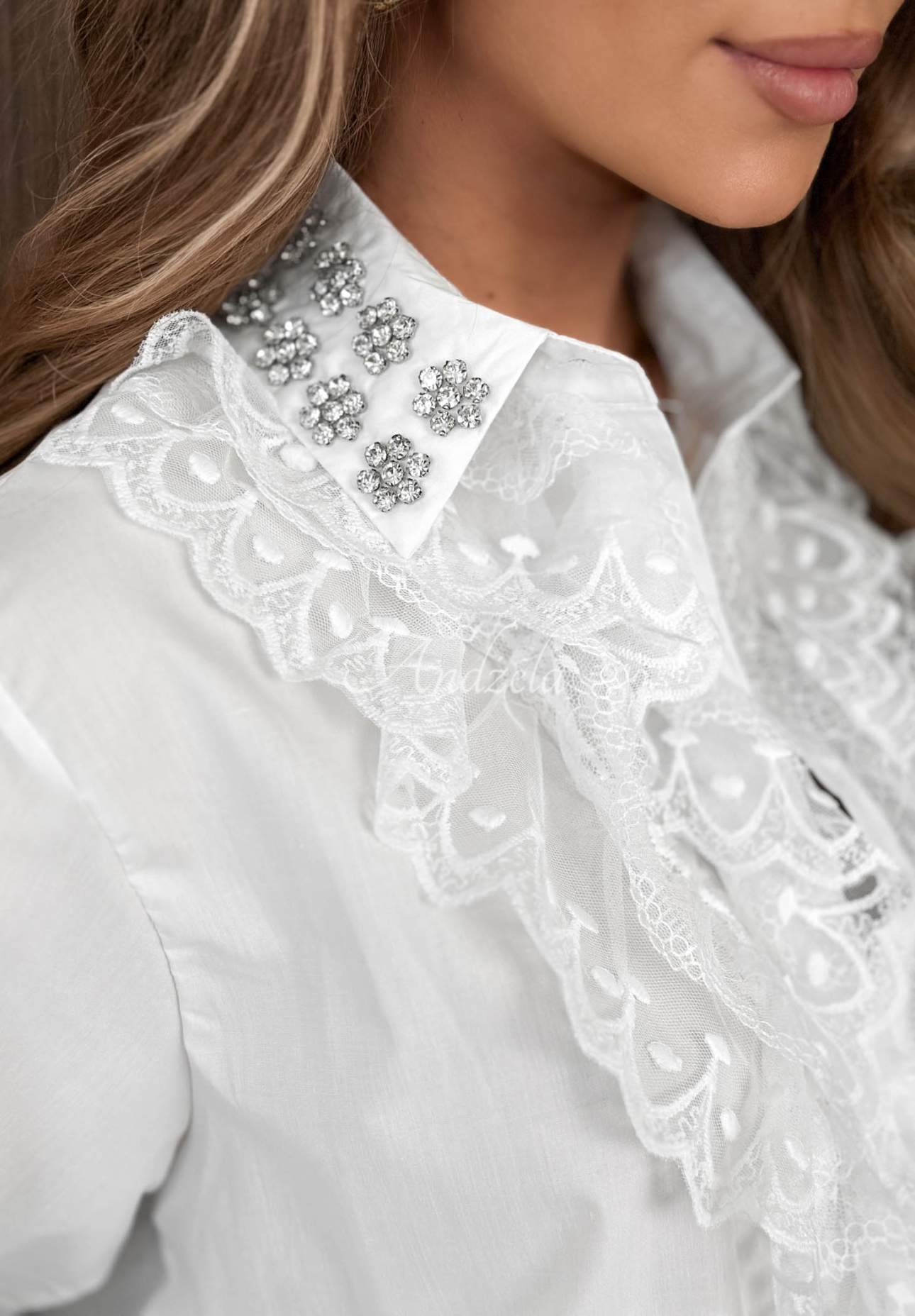 Elegant cotton shirt with a lace frill and Crystal Grace crystals, white