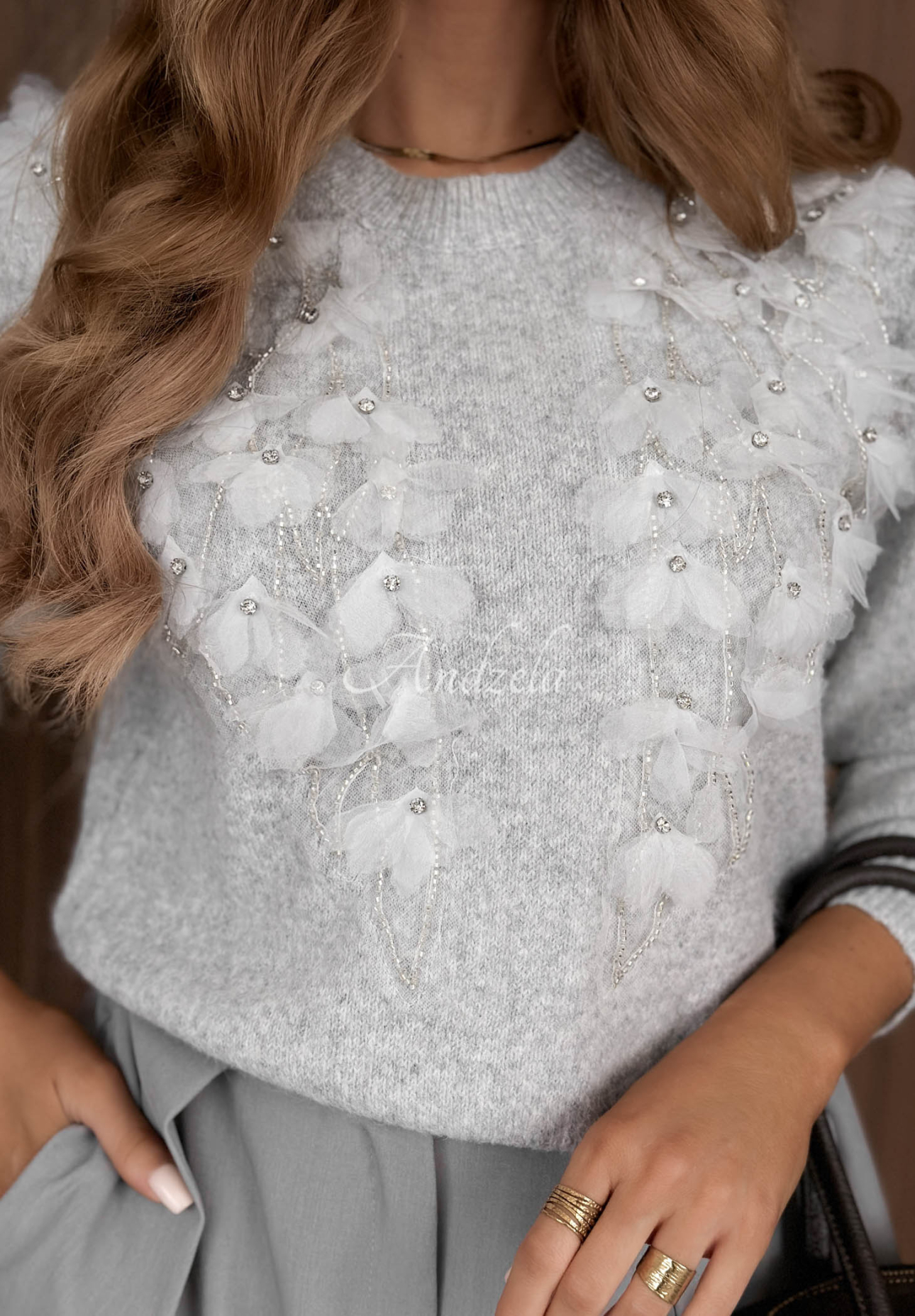 Blooming Mist Gray Viscose Sweater with Decorative Flowers