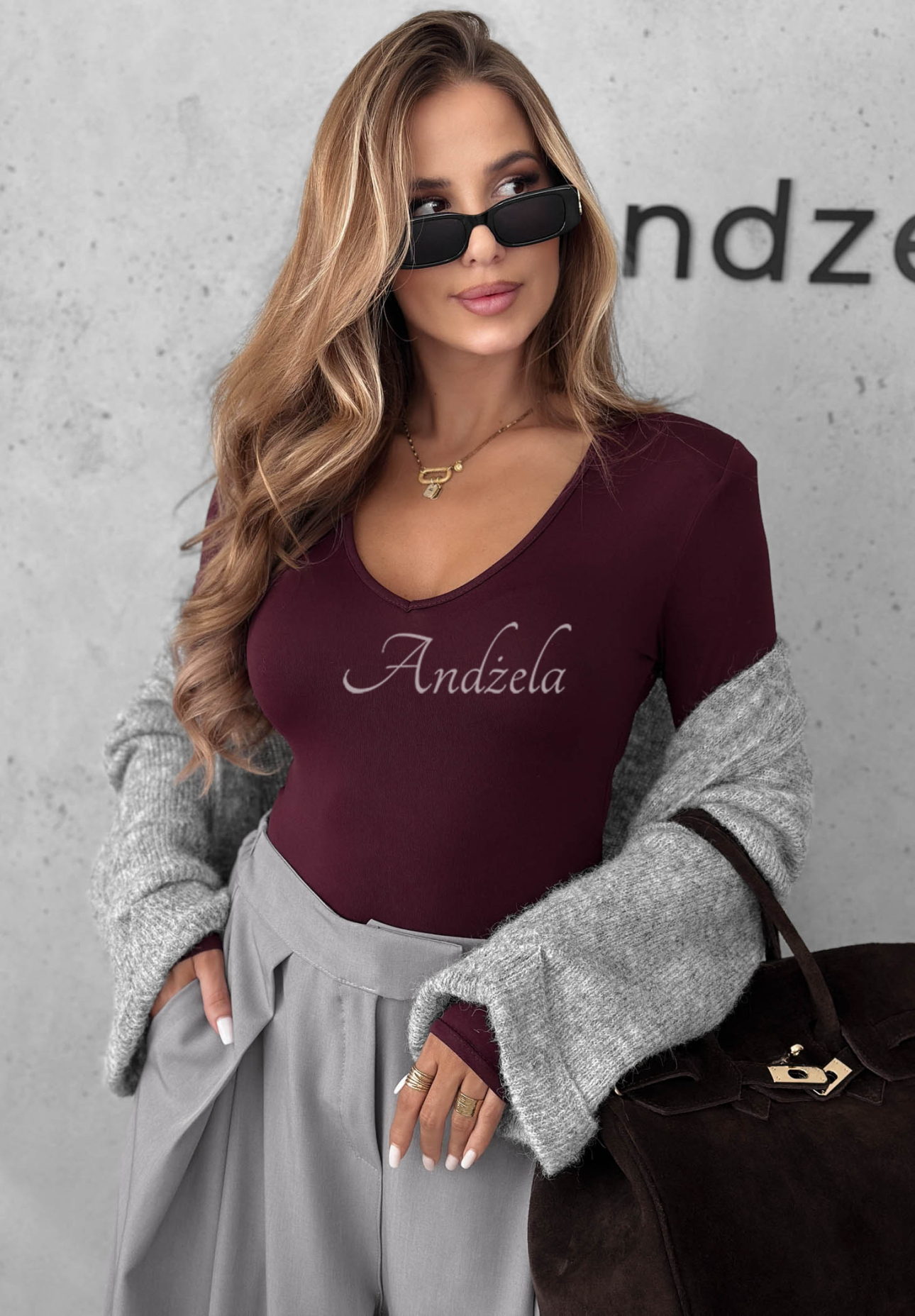 Main Girl Burgundy Long-Sleeve Blouse with Neckline