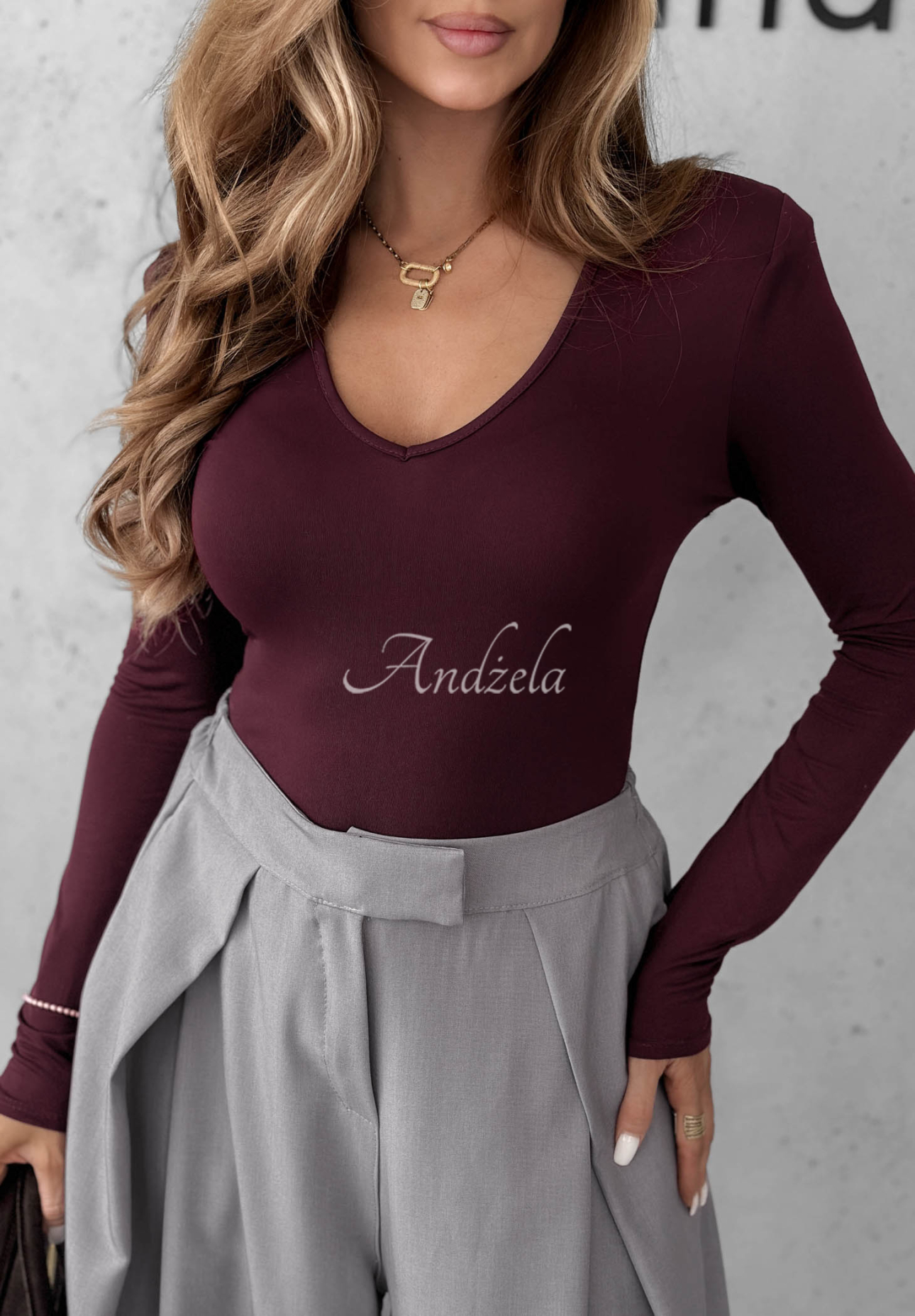 Main Girl Burgundy Long-Sleeve Blouse with Neckline