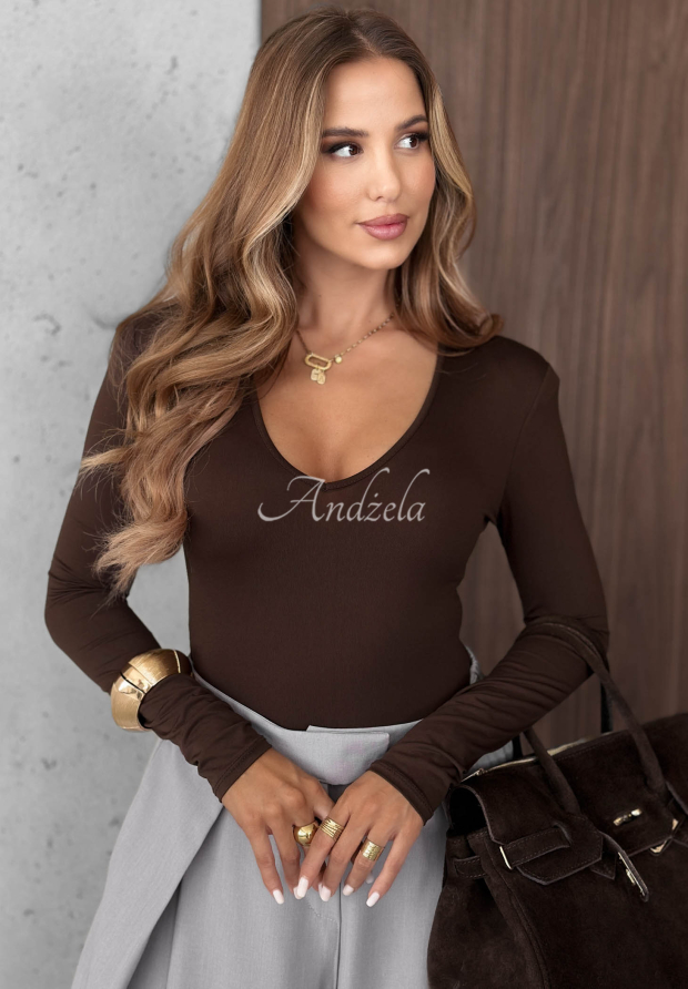 Bluzka longsleeve z dekoltem Main Girl czekoladowa