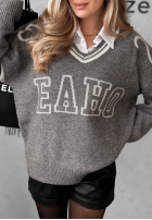 Sweter z napisem i dekoltem w serek Eaho szary