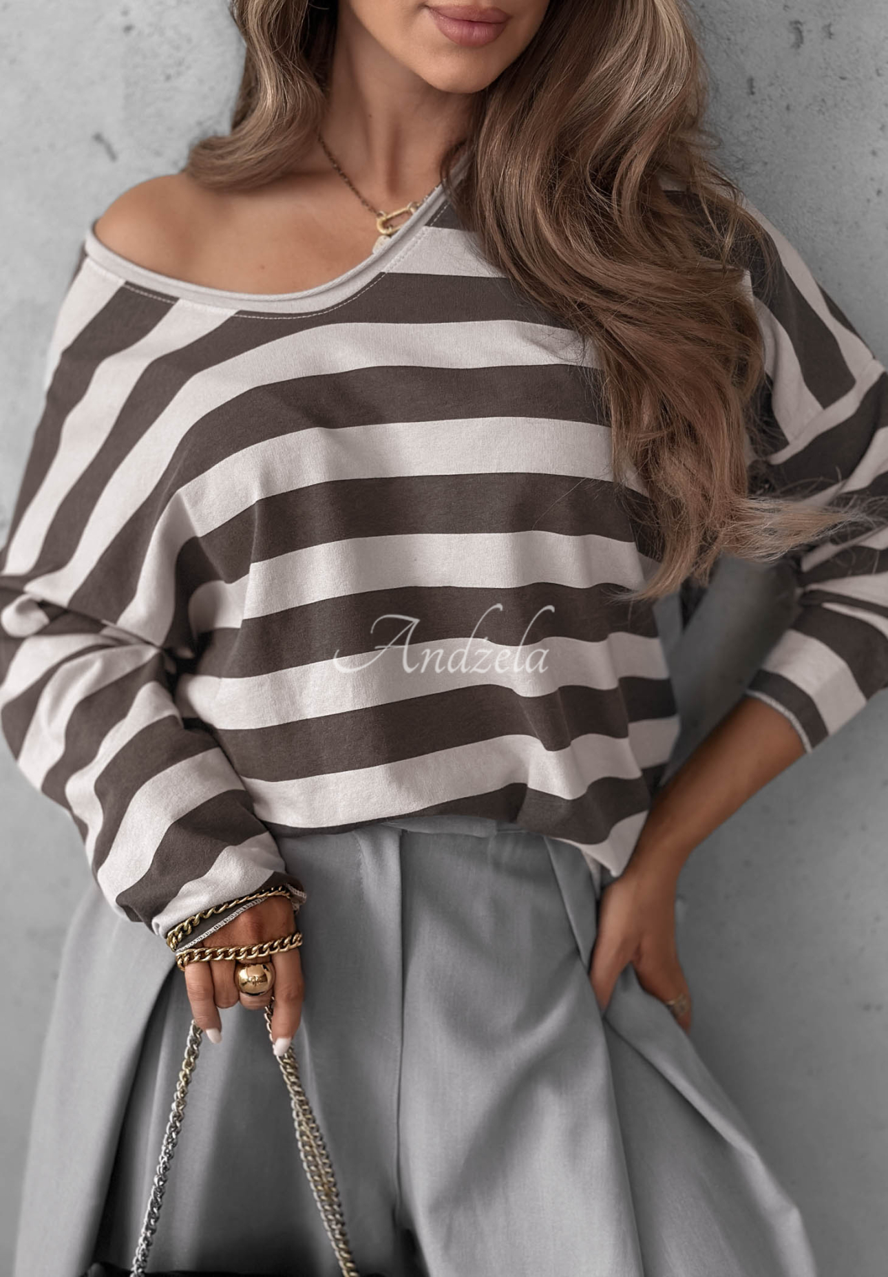 Bawełniana bluzka longsleeve w paski Mocha Touch szaro-czekoladowa