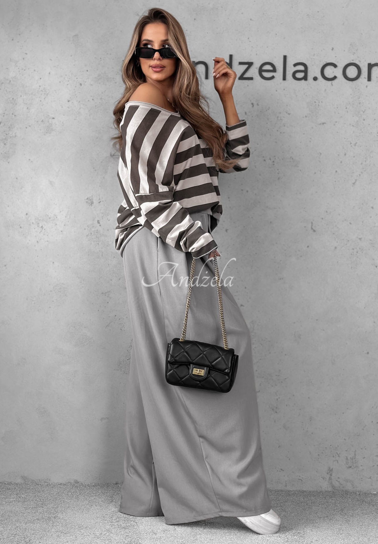 Mocha Touch Gray-and-Chocolate Striped Cotton Long-Sleeve Blouse